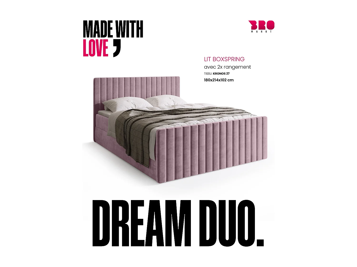 Lit boxspring avec rangement DREAM DUO - matelas - surmatelas - rose poudré - 180x200 cm