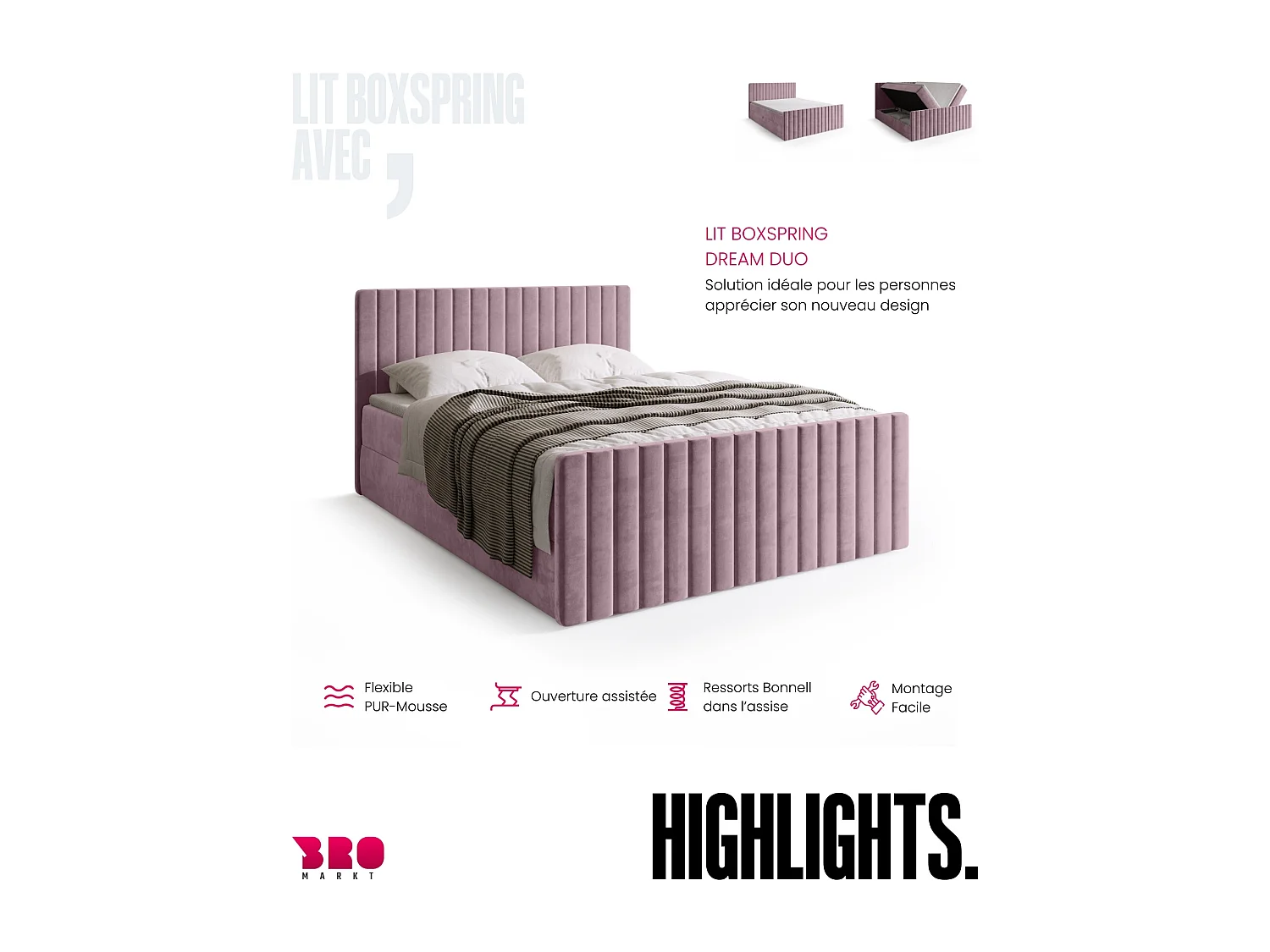 Lit boxspring avec rangement DREAM DUO - matelas - surmatelas - rose poudré - 180x200 cm