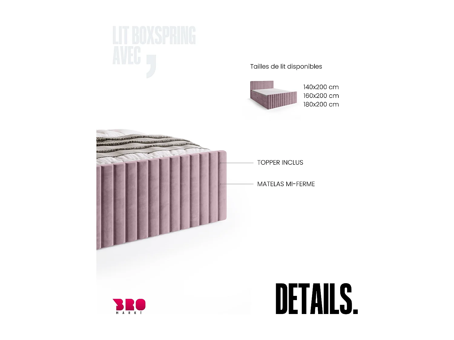 Lit boxspring avec rangement DREAM DUO - matelas - surmatelas - rose poudré - 180x200 cm