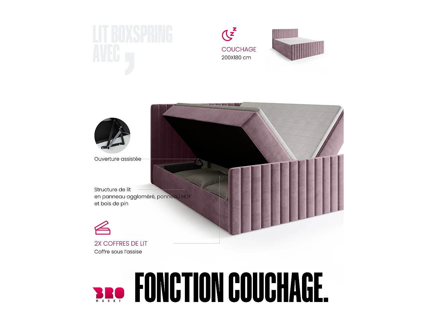 Lit boxspring avec rangement DREAM DUO - matelas - surmatelas - rose poudré - 180x200 cm