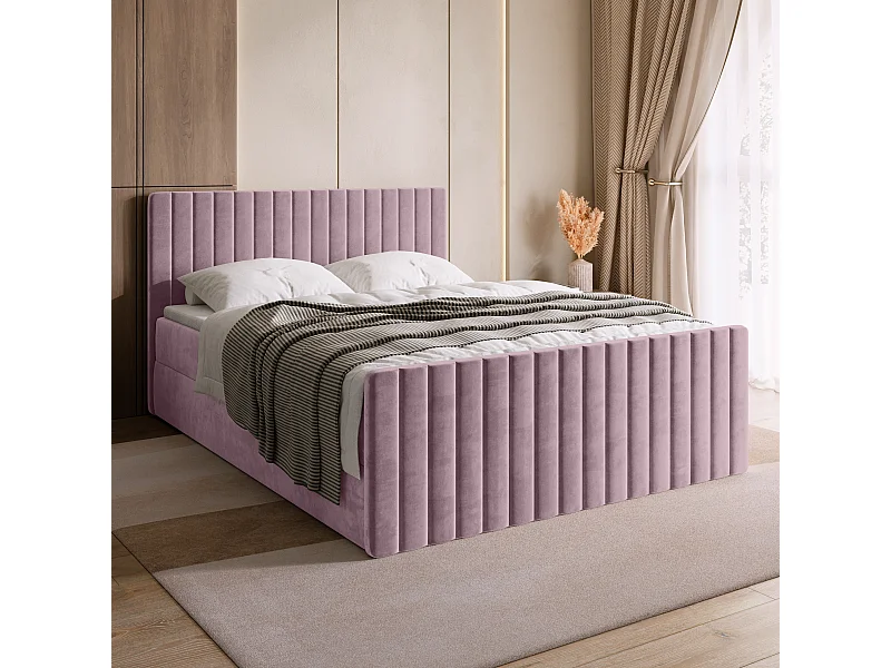 Lit boxspring avec rangement DREAM DUO - matelas - surmatelas - rose poudré - 180x200 cm