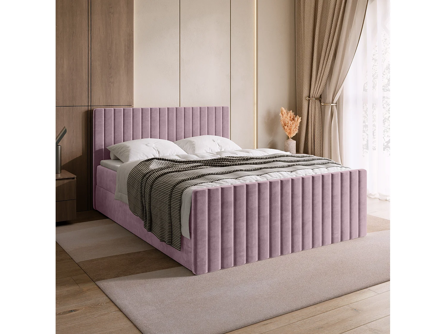 Lit boxspring avec rangement DREAM DUO - matelas - surmatelas - rose poudré - 140x200 cm