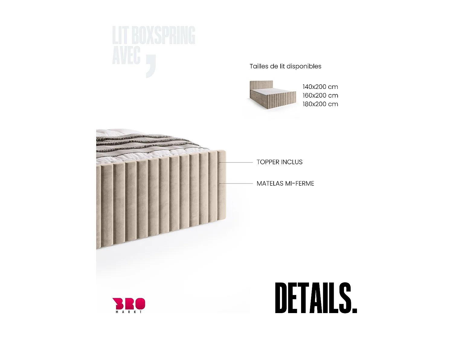 Lit boxspring avec rangement DREAM DUO - matelas - surmatelas - camel - 140x200 cm