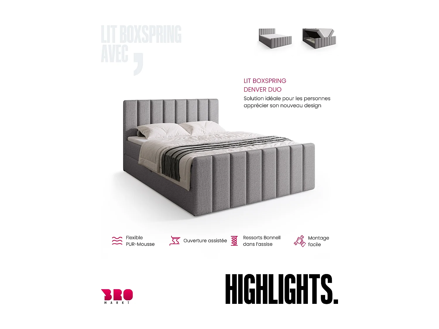 Lit boxspring avec rangement DENVER DUO - matelas - surmatelas - gris clair - 160x200 cm