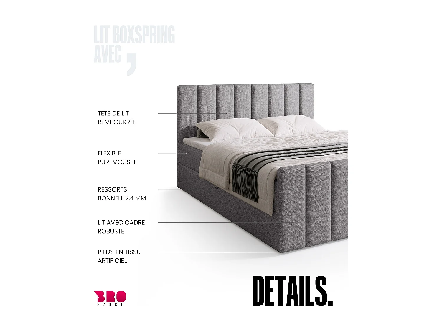Lit boxspring avec rangement DENVER DUO - matelas - surmatelas - gris clair - 160x200 cm