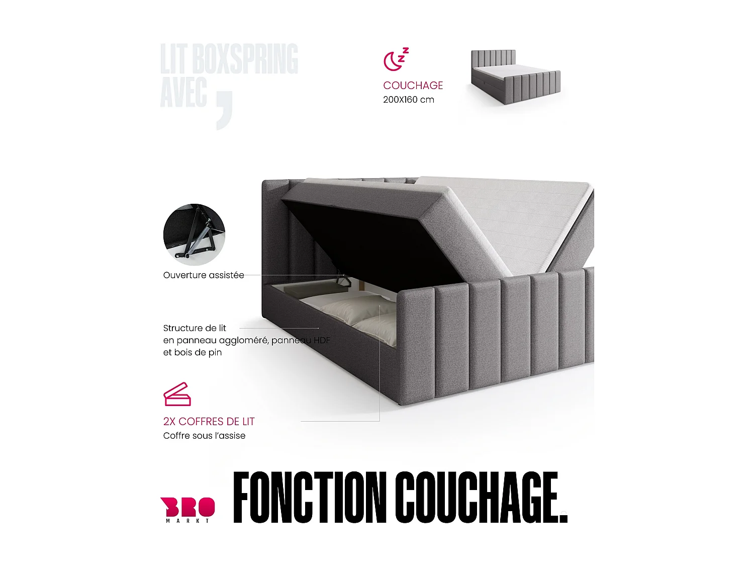 Lit boxspring avec rangement DENVER DUO - matelas - surmatelas - gris clair - 160x200 cm