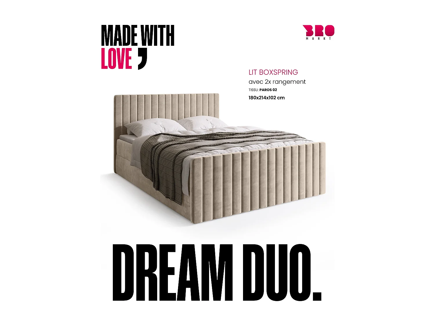 Lit boxspring avec rangement DREAM DUO - matelas - surmatelas - camel - 180x200 cm