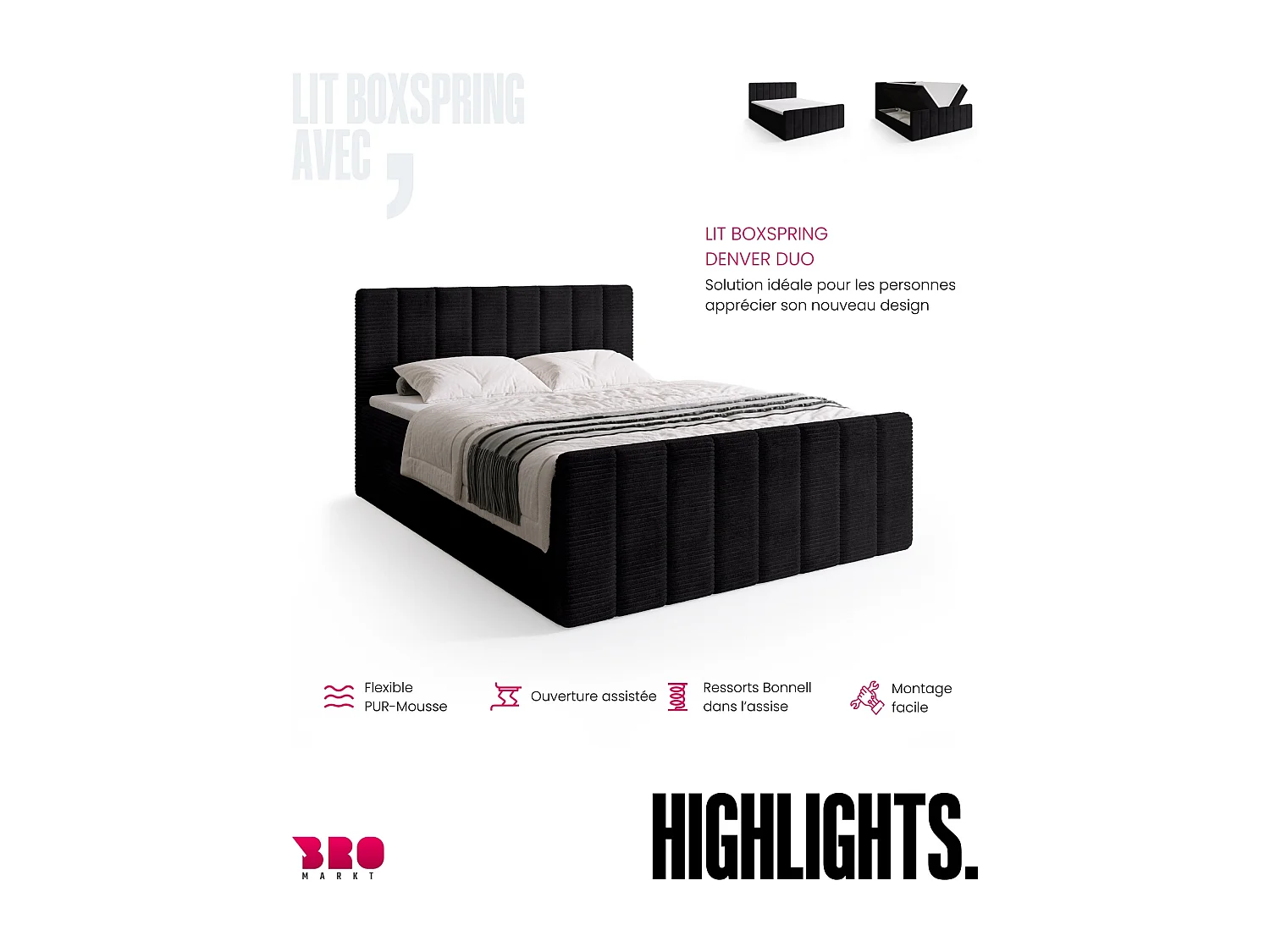Lit boxspring avec rangement DENVER DUO - matelas - surmatelas - noir - 140x200 cm