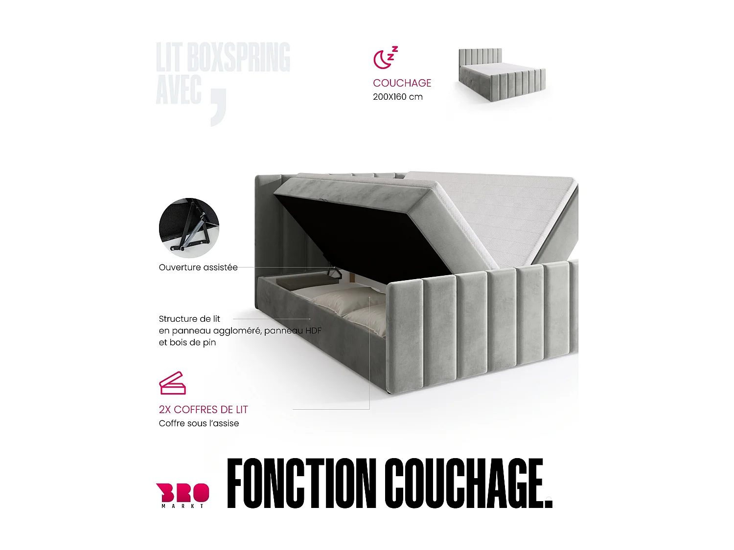 Lit boxspring avec rangement DENVER DUO - matelas - surmatelas - gris - 160x200 cm