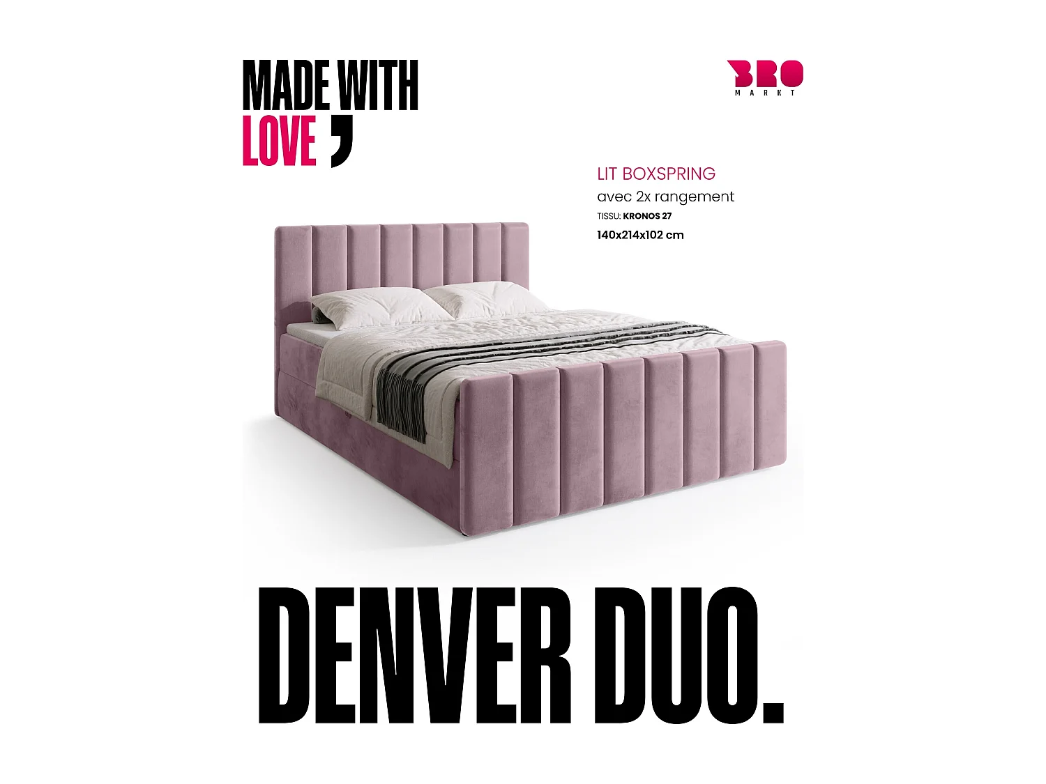 Lit boxspring avec rangement DENVER DUO - matelas - surmatelas - rose poudré - 140x200 cm