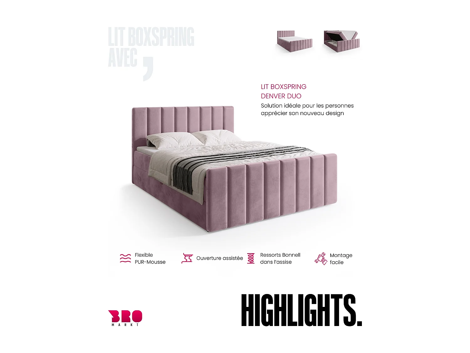 Lit boxspring avec rangement DENVER DUO - matelas - surmatelas - rose poudré - 140x200 cm