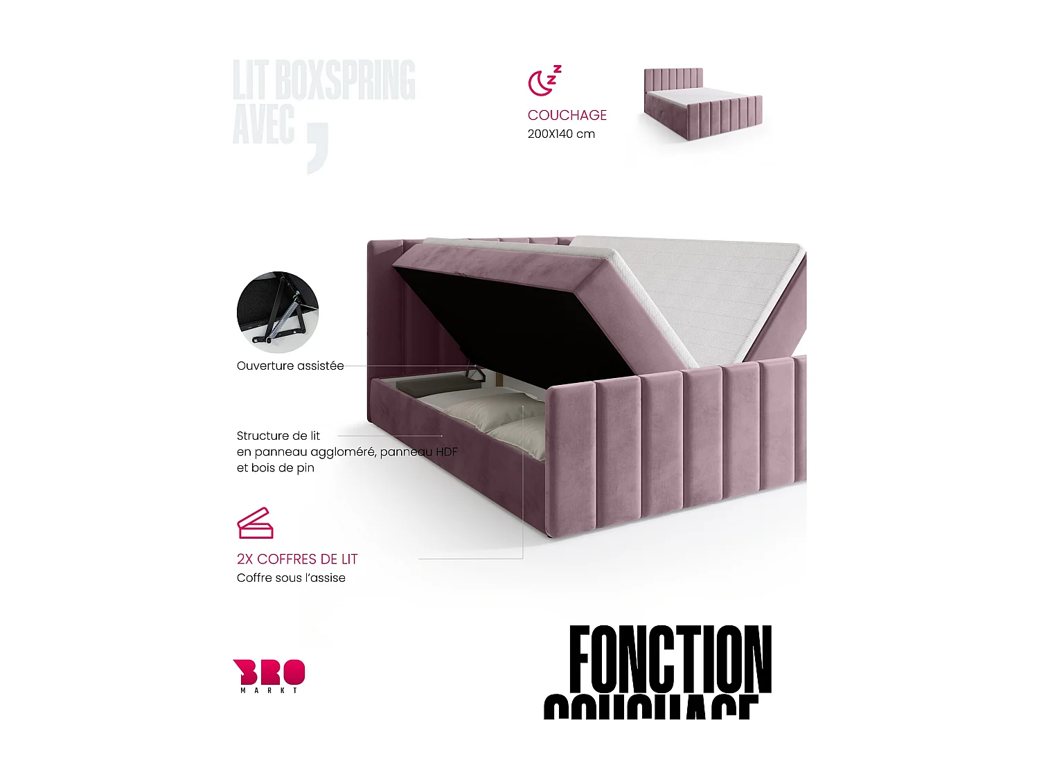 Lit boxspring avec rangement DENVER DUO - matelas - surmatelas - rose poudré - 140x200 cm