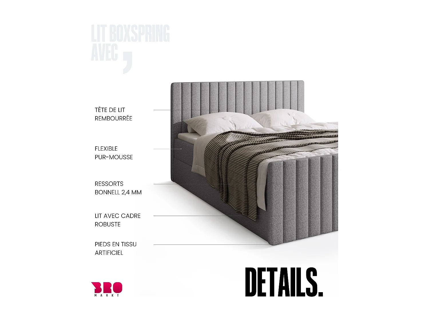 Lit boxspring avec rangement DREAM DUO - matelas - surmatelas - gris clair - 180x200 cm
