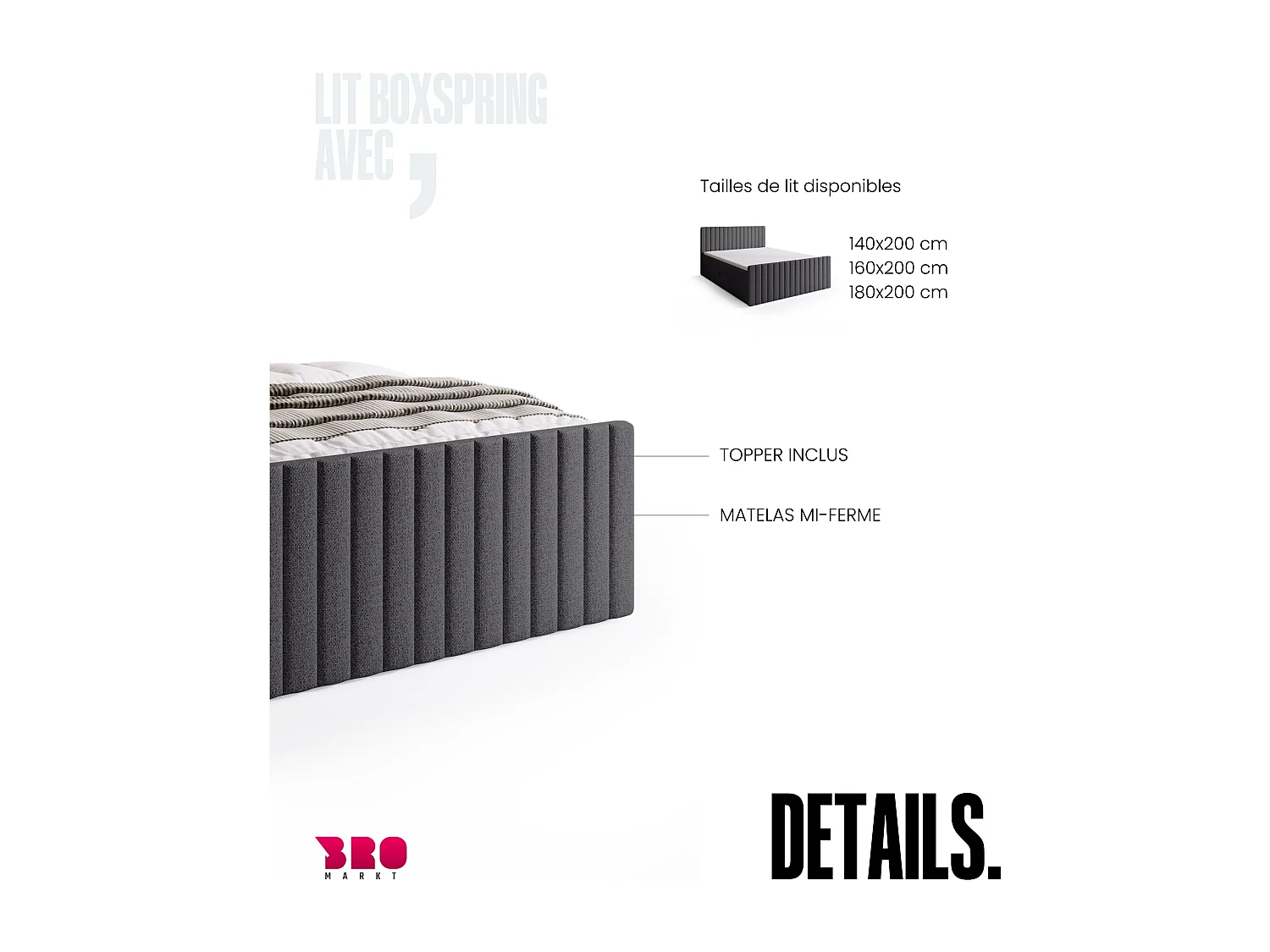 Lit boxspring avec rangement DREAM DUO - matelas - surmatelas - gris  - 160x200 cm