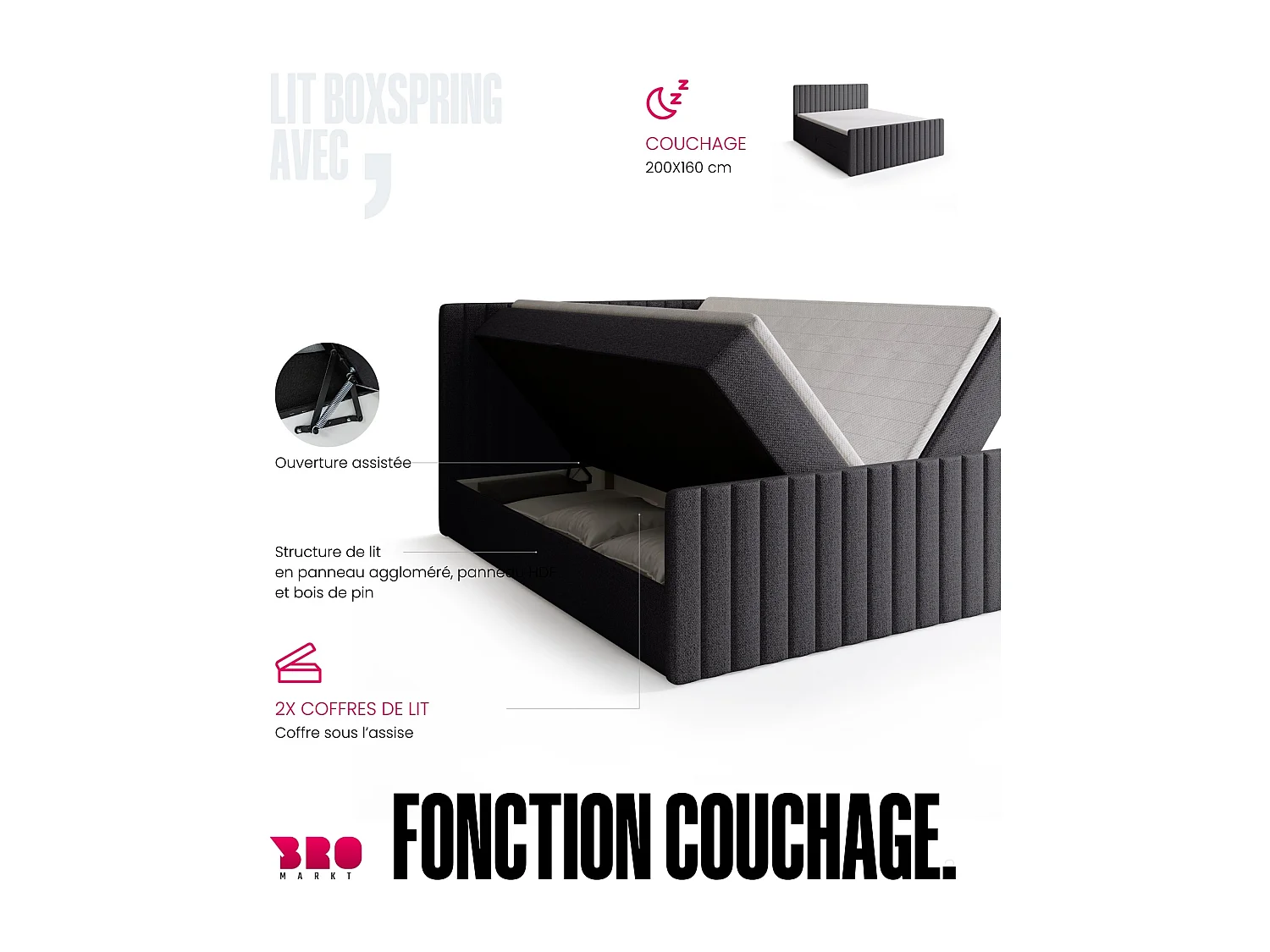 Lit boxspring avec rangement DREAM DUO - matelas - surmatelas - gris  - 160x200 cm