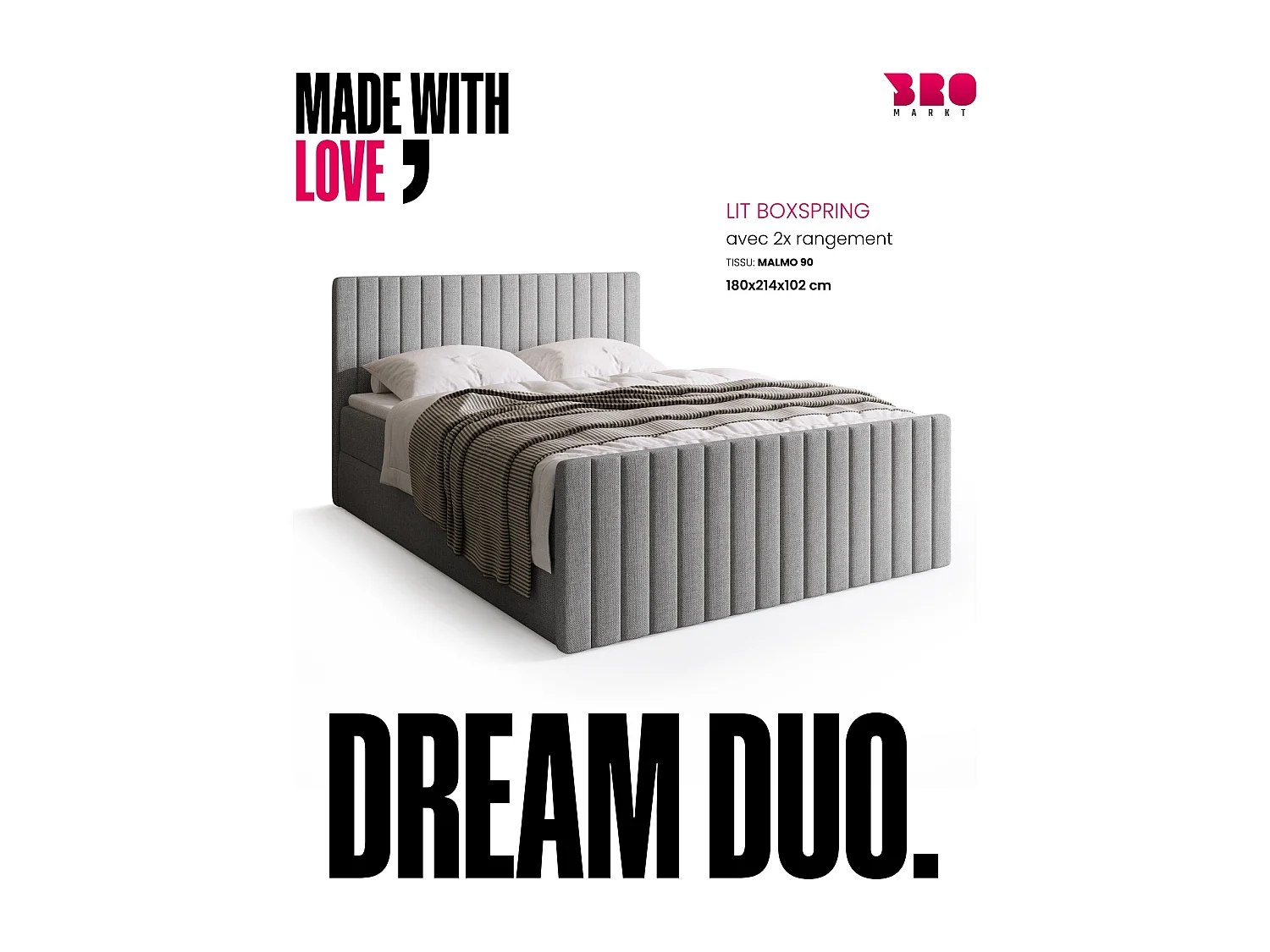 Lit boxspring avec rangement DREAM DUO - matelas - surmatelas - gris - 180x200 cm