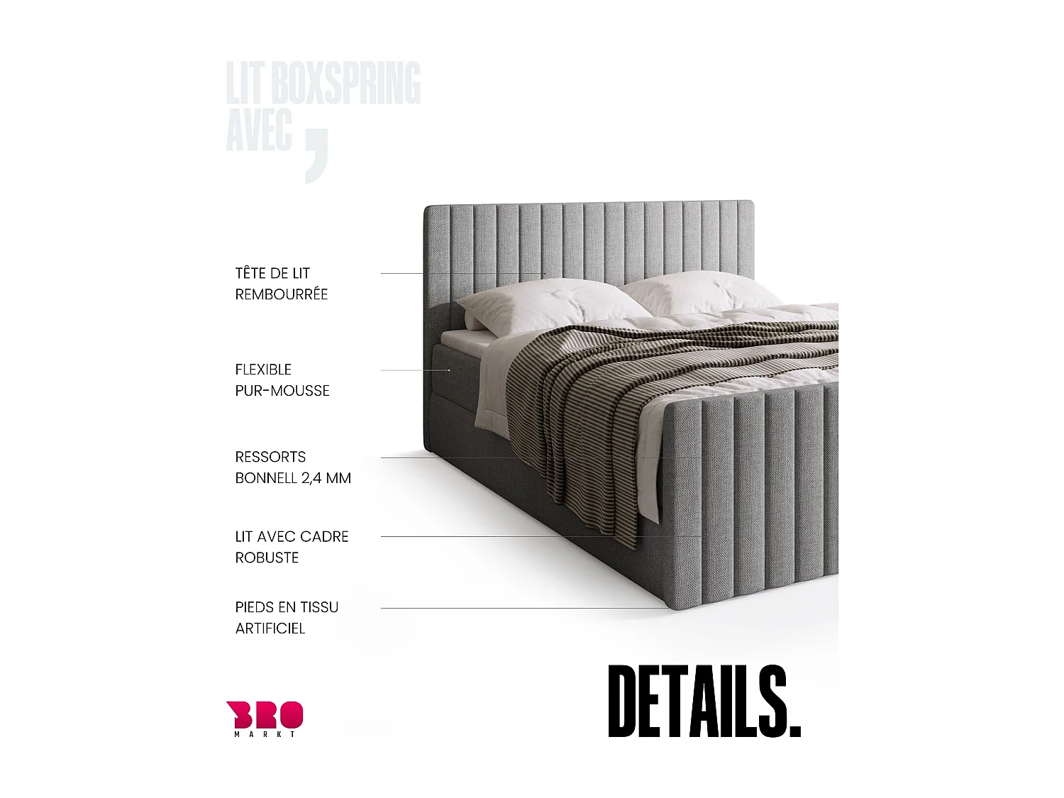 Lit boxspring avec rangement DREAM DUO - matelas - surmatelas - gris - 180x200 cm