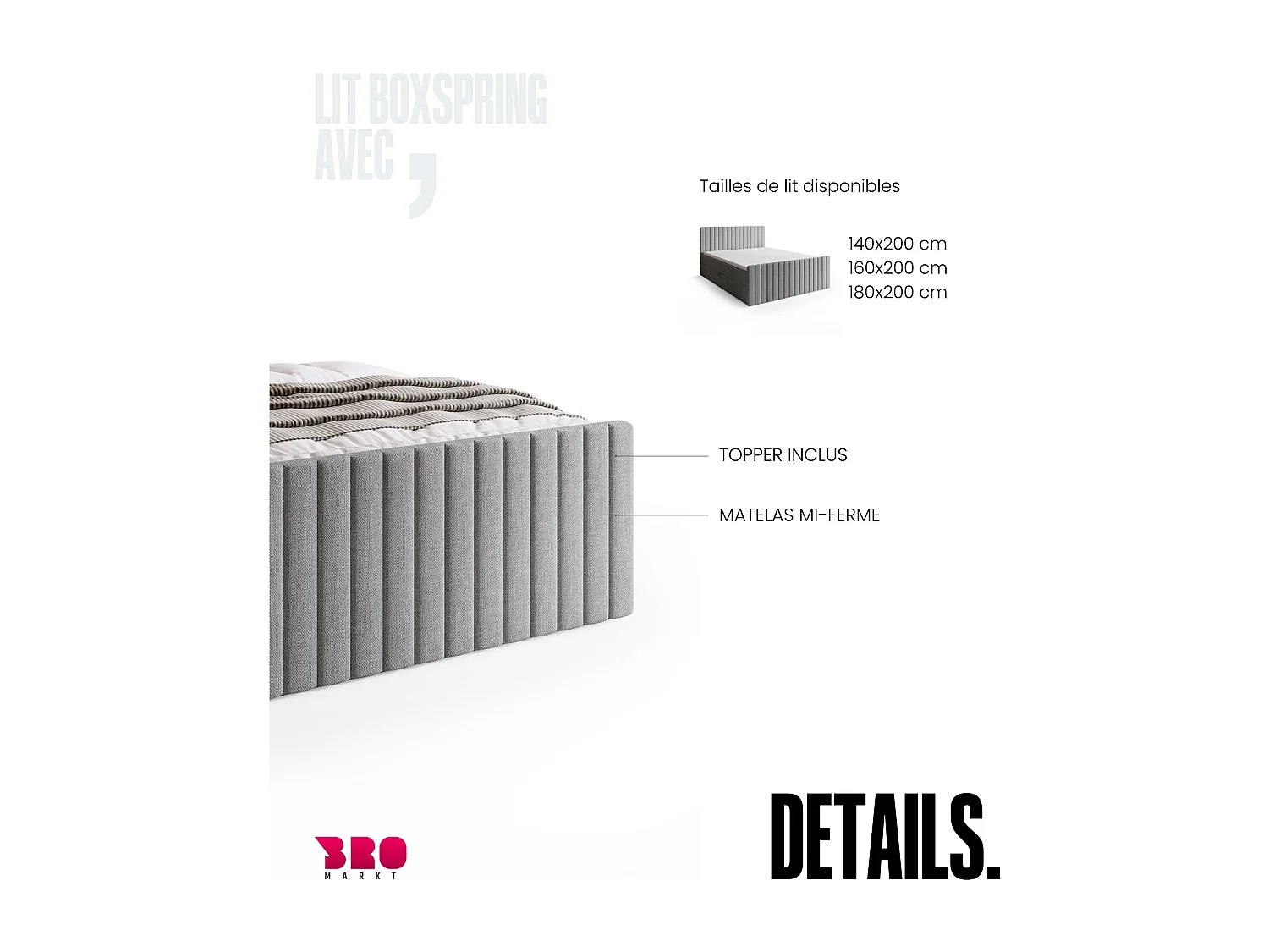 Lit boxspring avec rangement DREAM DUO - matelas - surmatelas - gris - 180x200 cm