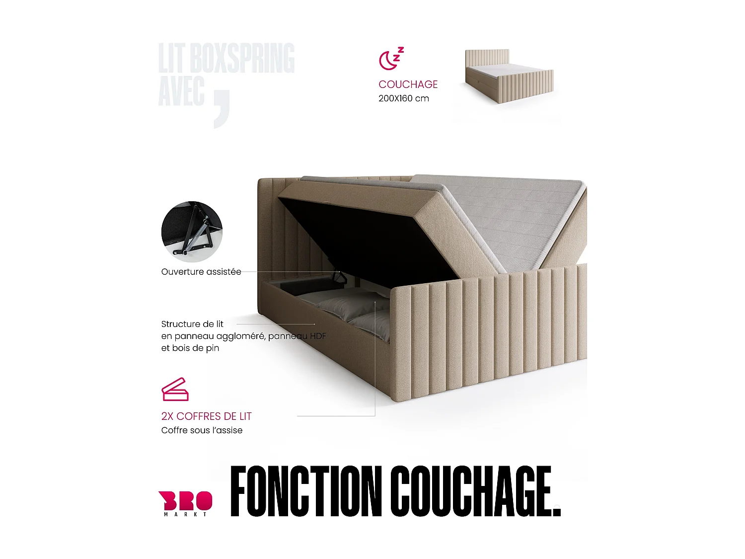 Lit boxspring avec rangement DREAM DUO - matelas - surmatelas - beige - 160x200 cm