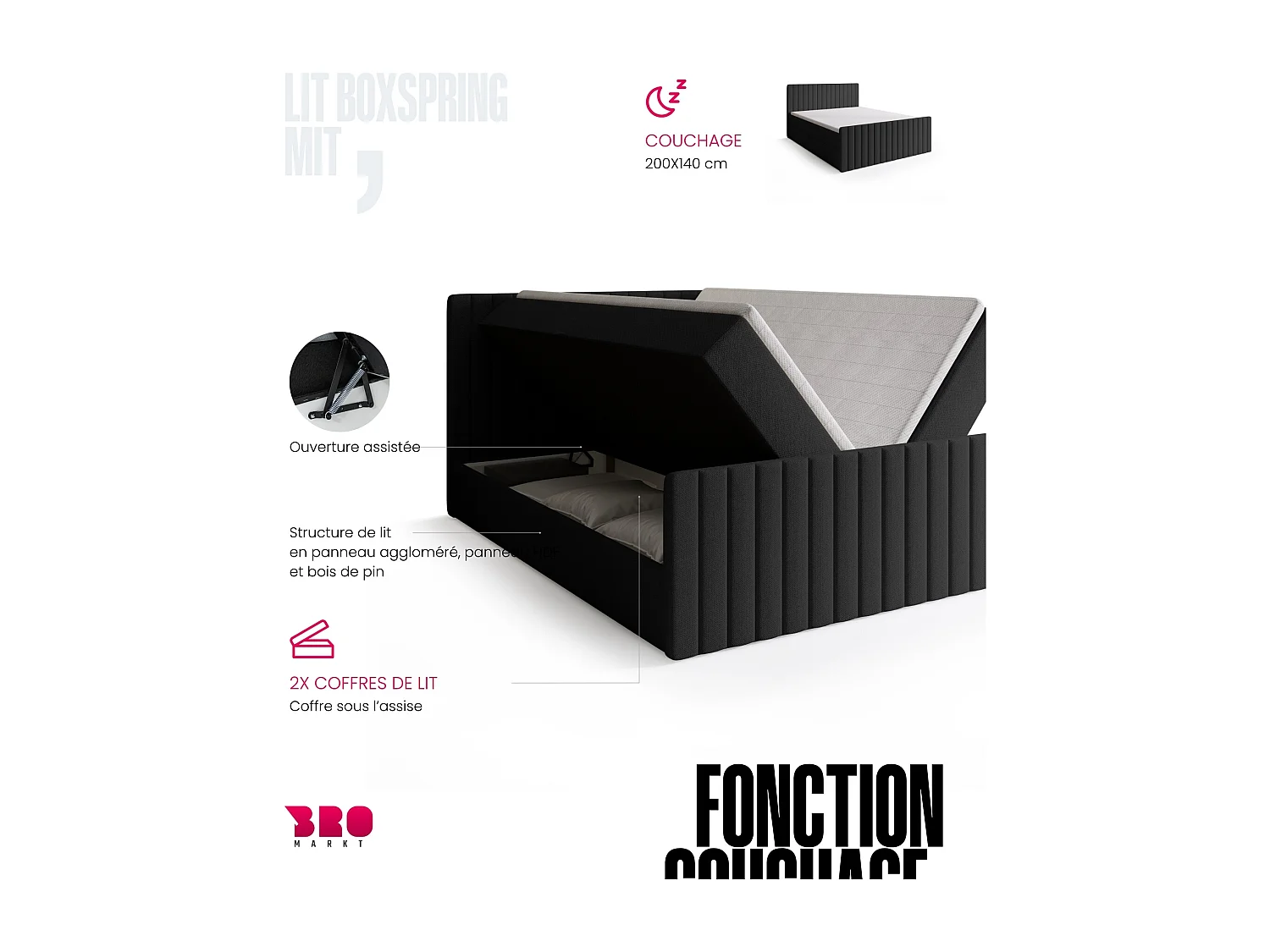 Lit boxspring avec rangement DREAM DUO - matelas - surmatelas - gris foncé - 140x200 cm