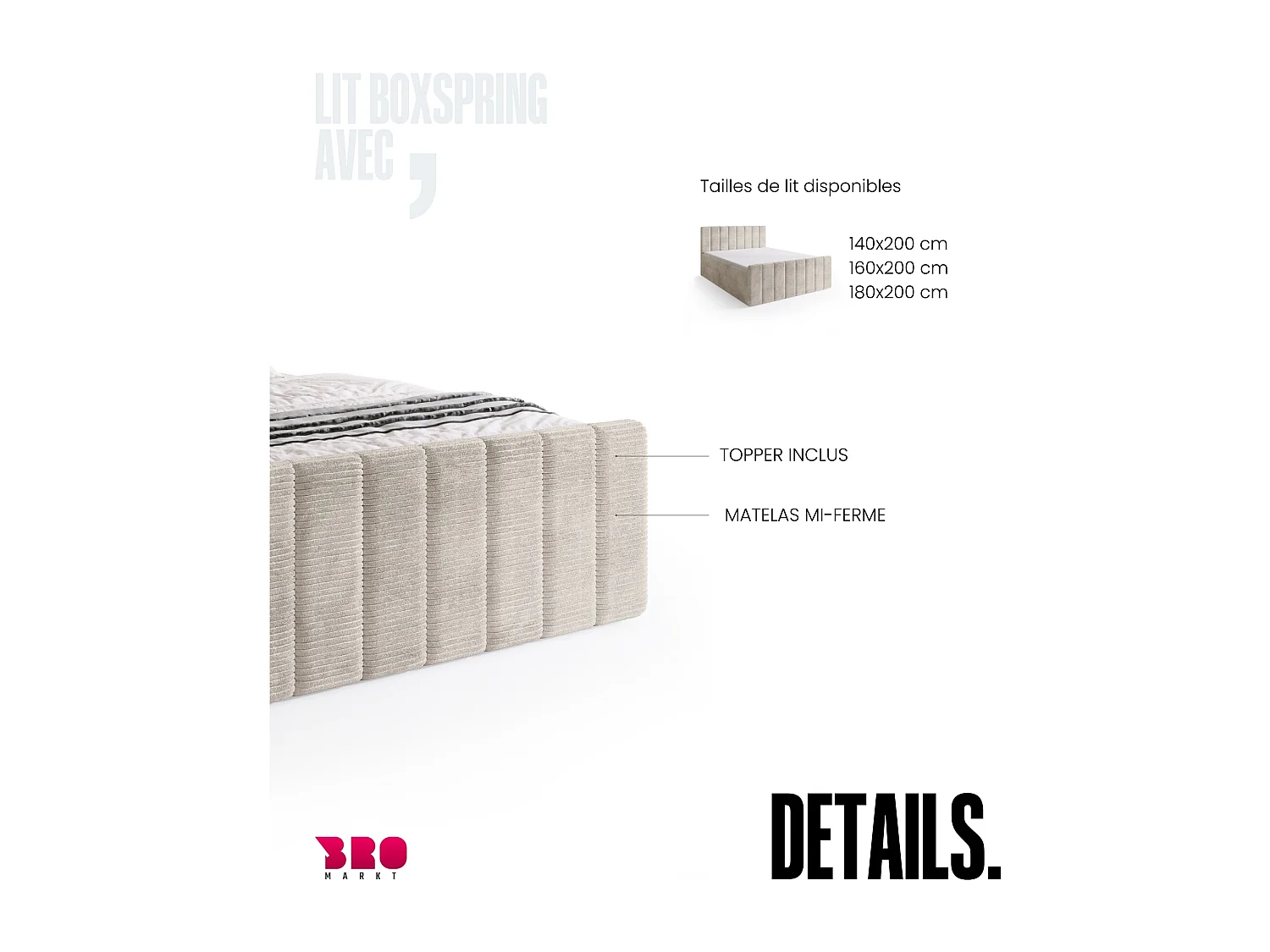 Lit boxspring avec rangement DENVER DUO - matelas - surmatelas - blanc - 160x200 cm