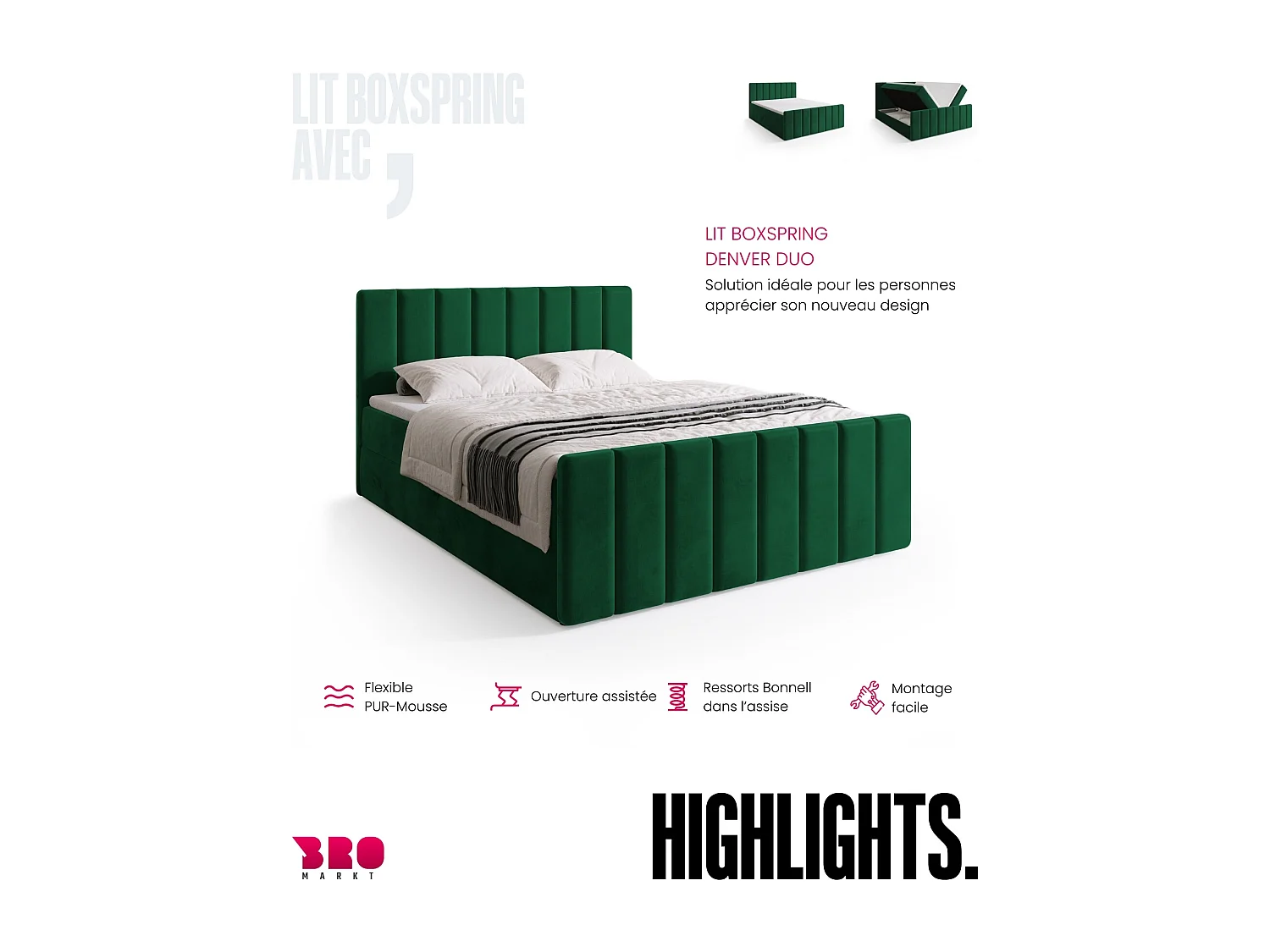 Lit boxspring avec rangement DENVER DUO - matelas - surmatelas - vert foncé - 140x200 cm