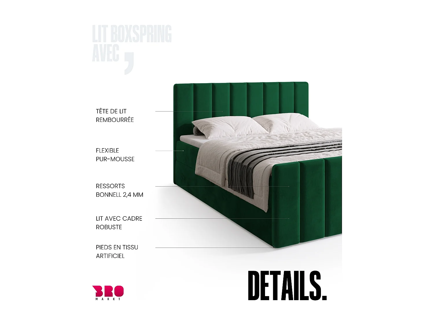 Lit boxspring avec rangement DENVER DUO - matelas - surmatelas - vert foncé - 140x200 cm