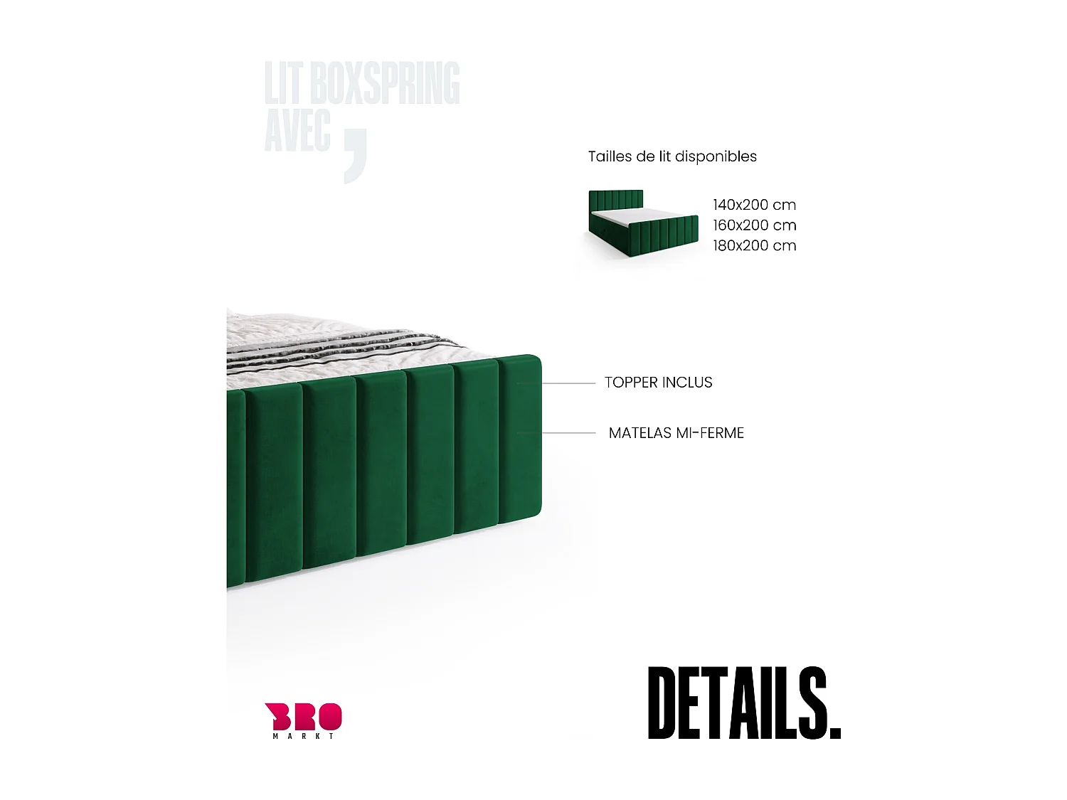 Lit boxspring avec rangement DENVER DUO - matelas - surmatelas - vert foncé - 140x200 cm