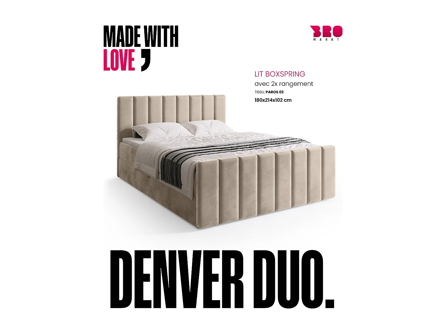 Lit boxspring avec rangement DENVER DUO - matelas - surmatelas - camel - 180x200 cm