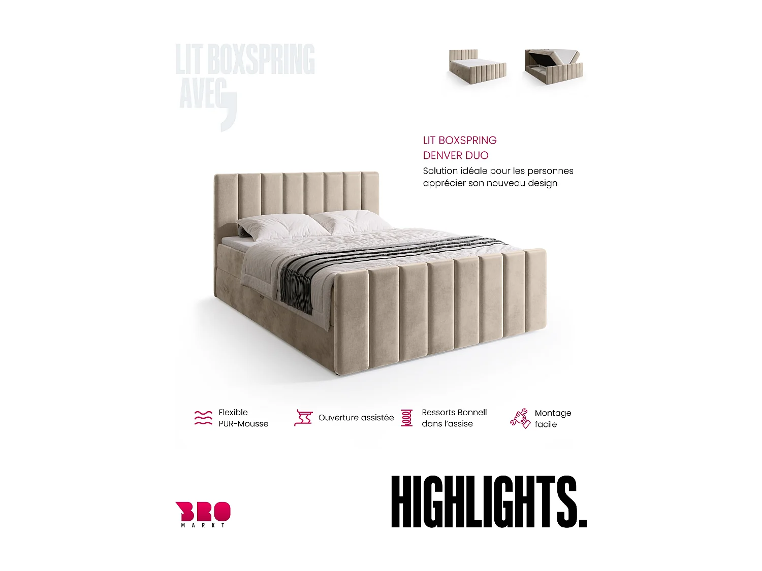 Lit boxspring avec rangement DENVER DUO - matelas - surmatelas - camel - 180x200 cm