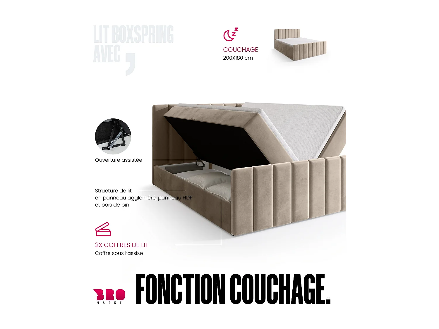 Lit boxspring avec rangement DENVER DUO - matelas - surmatelas - camel - 180x200 cm