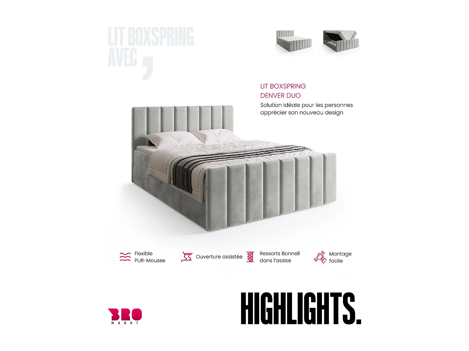 Lit boxspring avec rangement DENVER DUO - matelas - surmatelas - gris - 180x200 cm