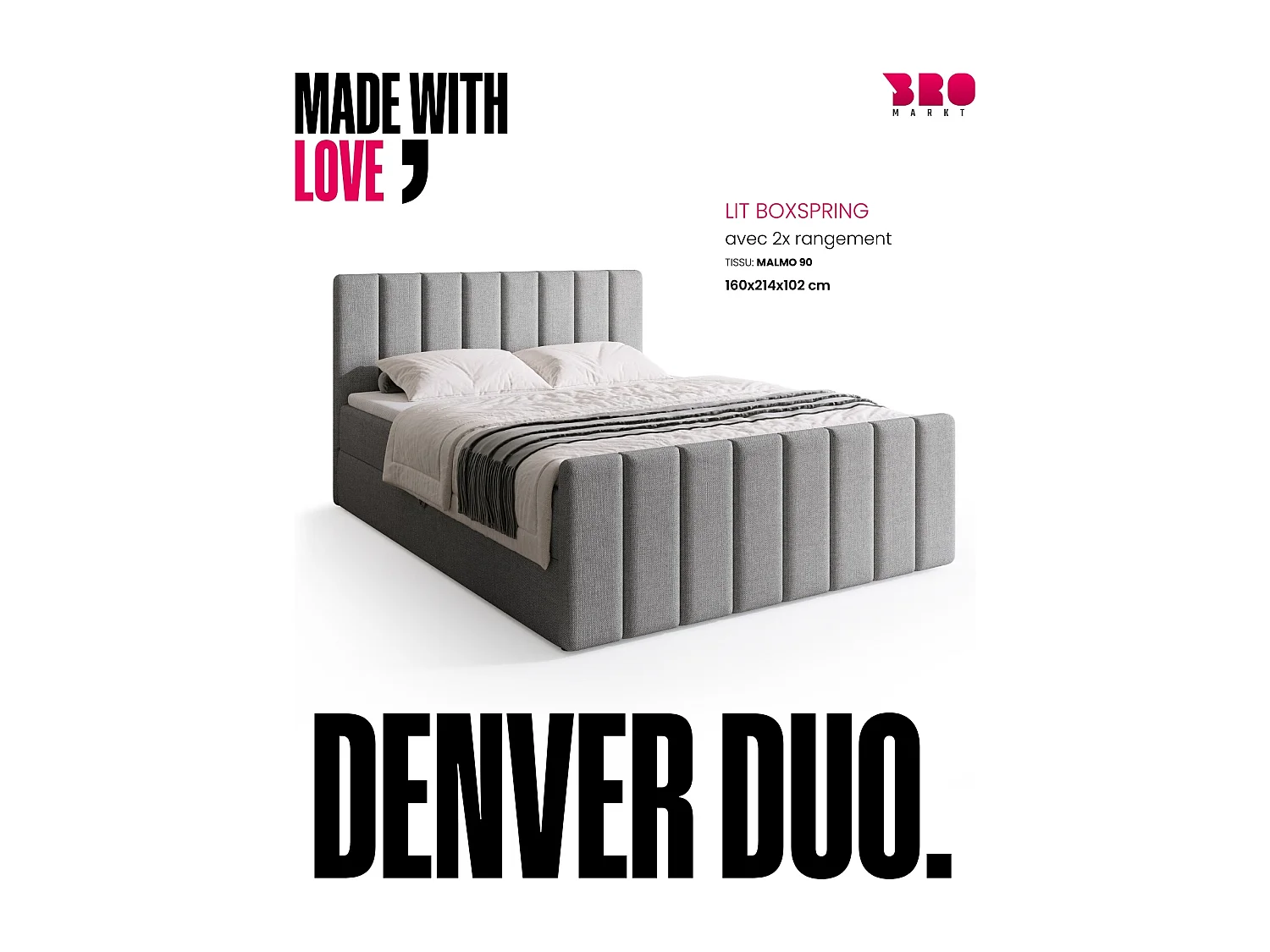 Lit boxspring avec rangement DENVER DUO - matelas - surmatelas - gris - 160x200 cm