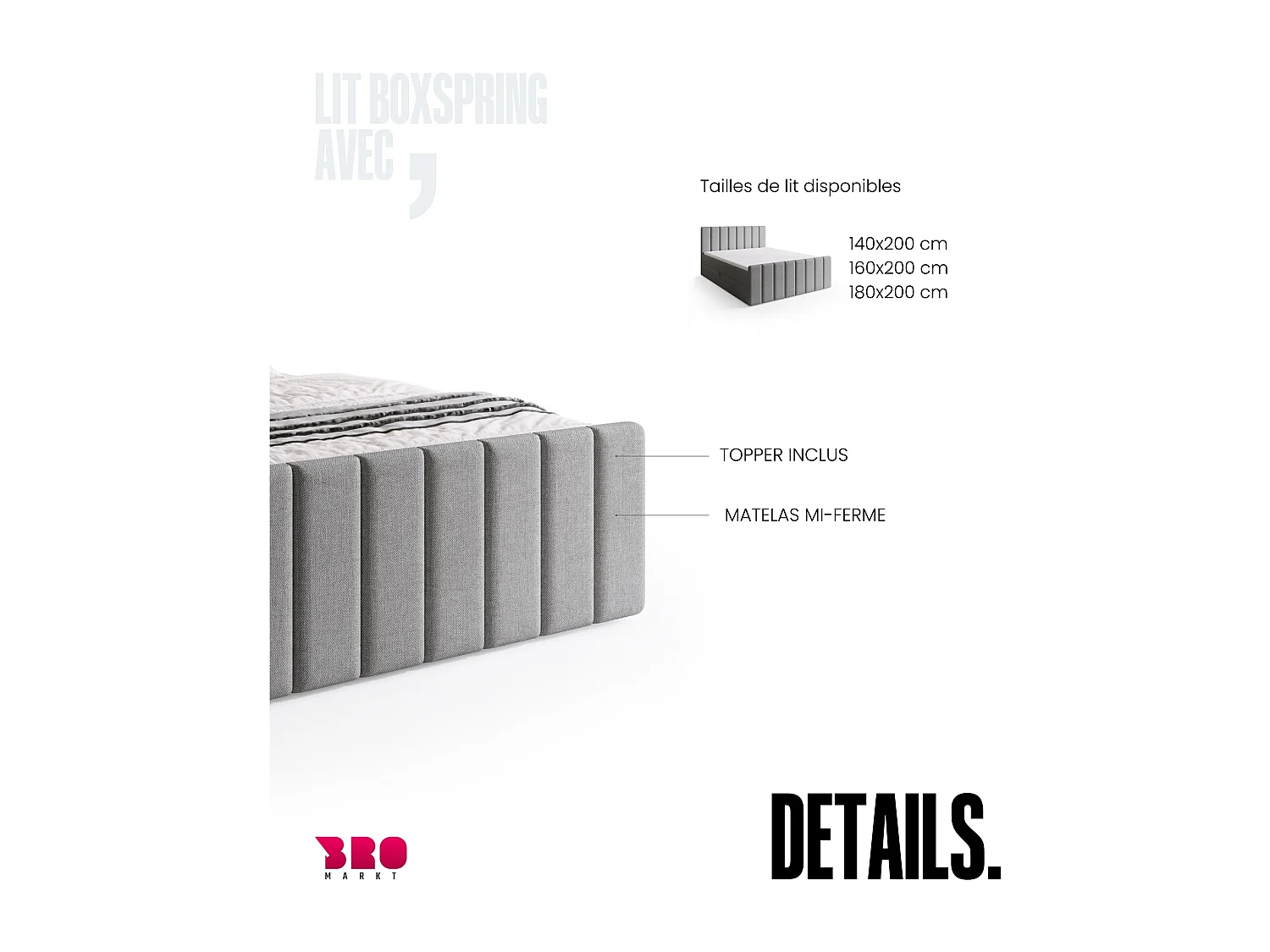 Lit boxspring avec rangement DENVER DUO - matelas - surmatelas - gris - 160x200 cm