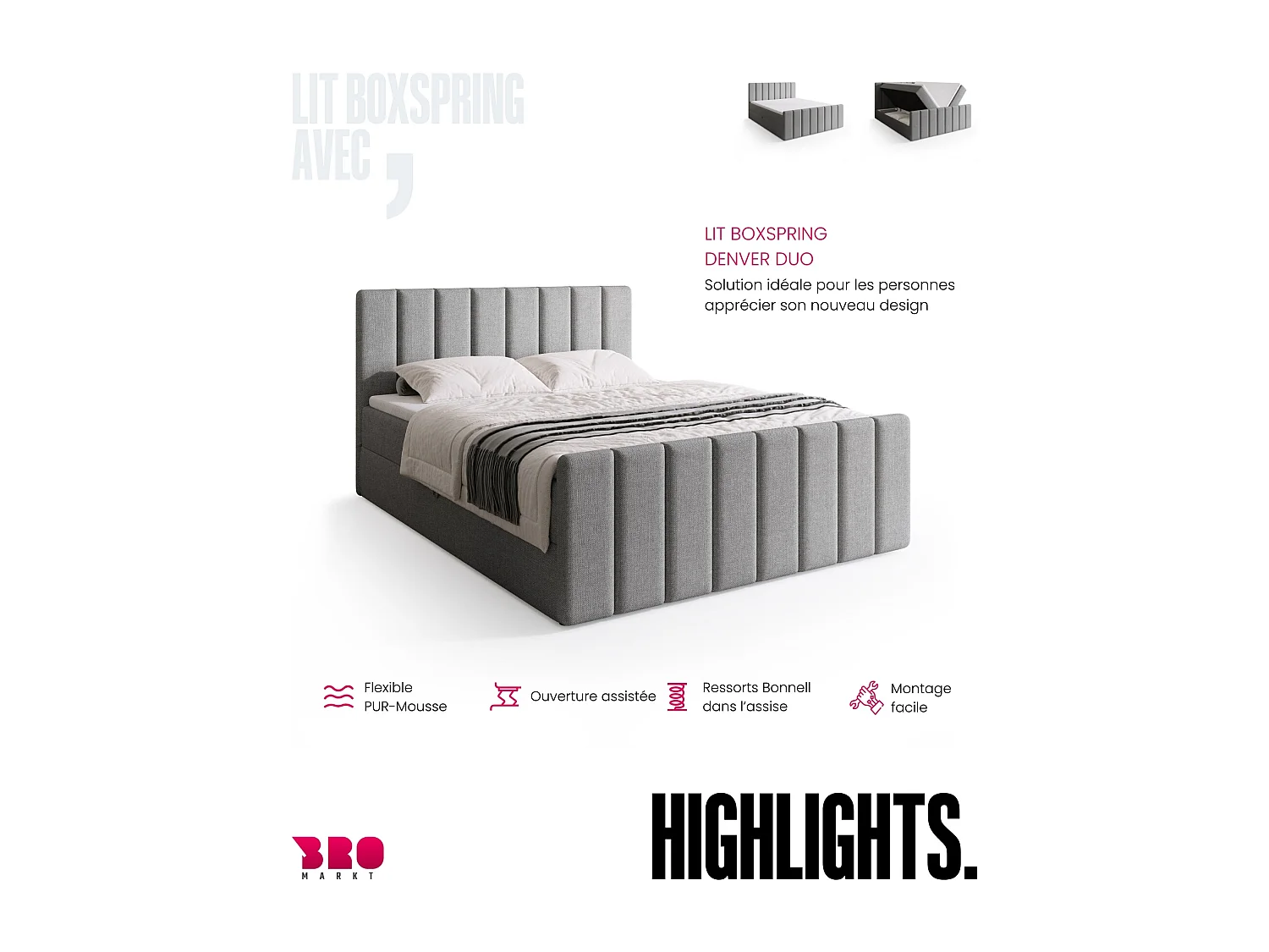 Lit boxspring avec rangement DENVER DUO - matelas - surmatelas - gris - 140x200 cm