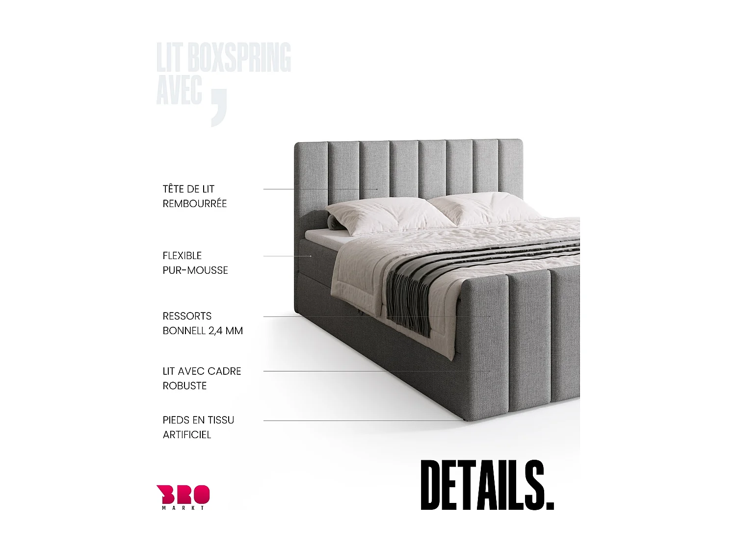 Lit boxspring avec rangement DENVER DUO - matelas - surmatelas - gris - 140x200 cm