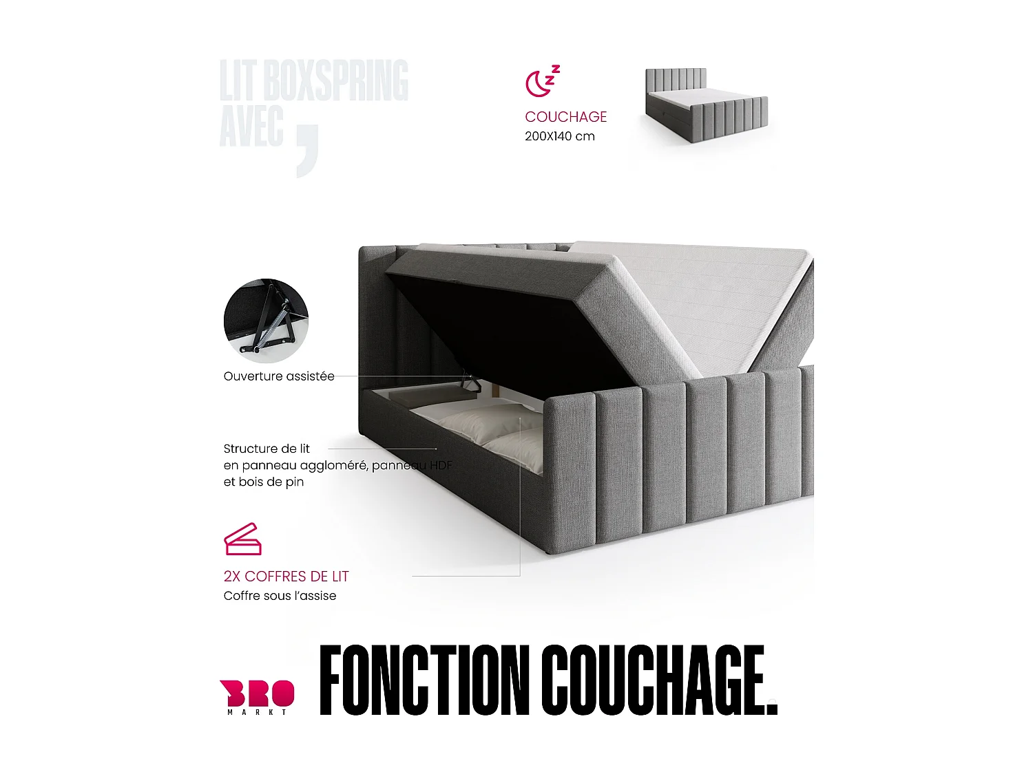 Lit boxspring avec rangement DENVER DUO - matelas - surmatelas - gris - 140x200 cm