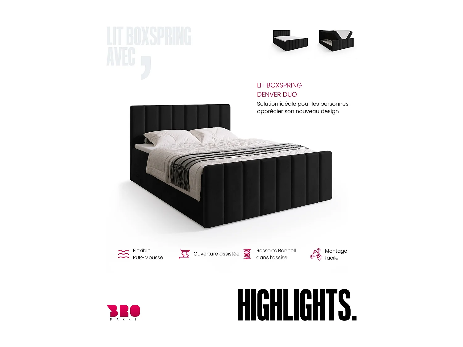 Lit boxspring avec rangement DENVER DUO - matelas - surmatelas - noir - 140x200 cm