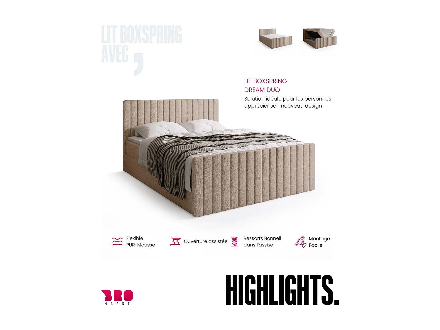 Lit boxspring avec rangement DREAM DUO - matelas - surmatelas - crème - 180x200 cm