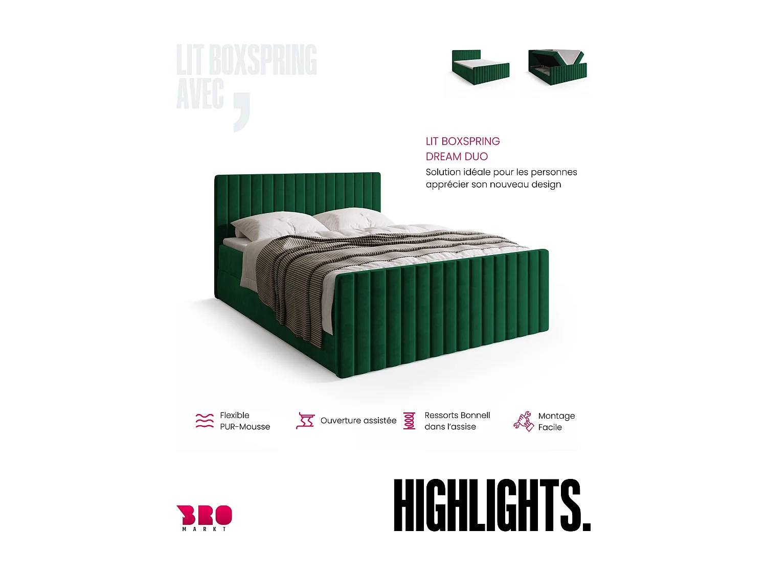 Lit boxspring avec rangement DREAM DUO - matelas - surmatelas - vert foncé - 180x200 cm