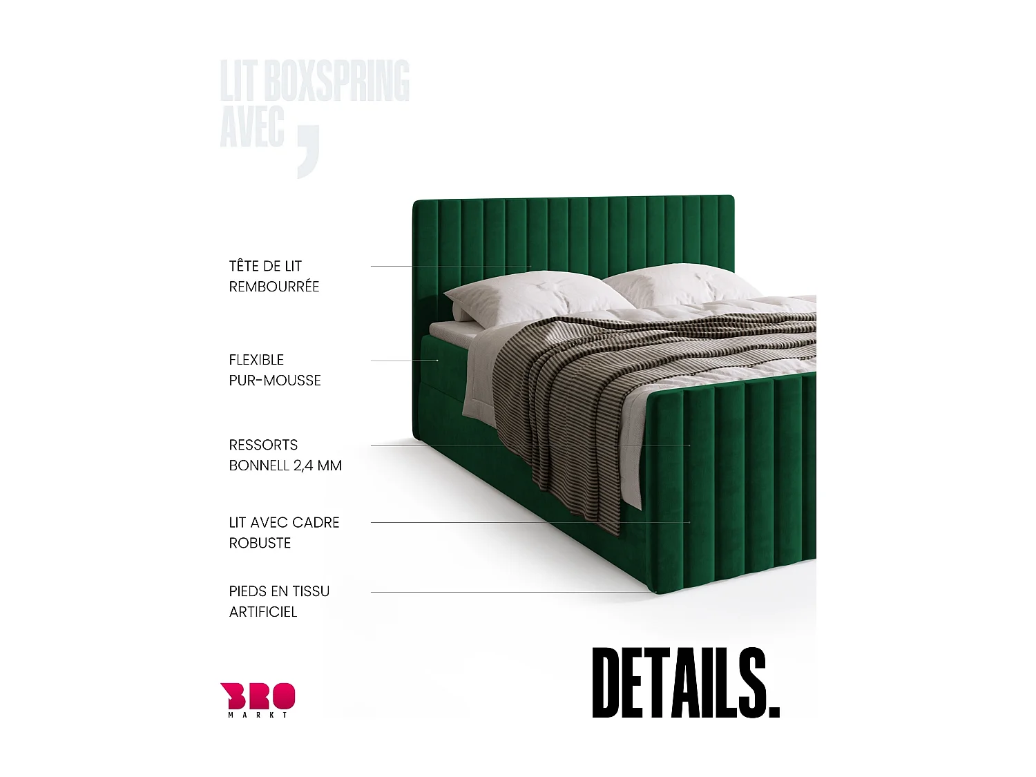 Lit boxspring avec rangement DREAM DUO - matelas - surmatelas - vert foncé - 180x200 cm