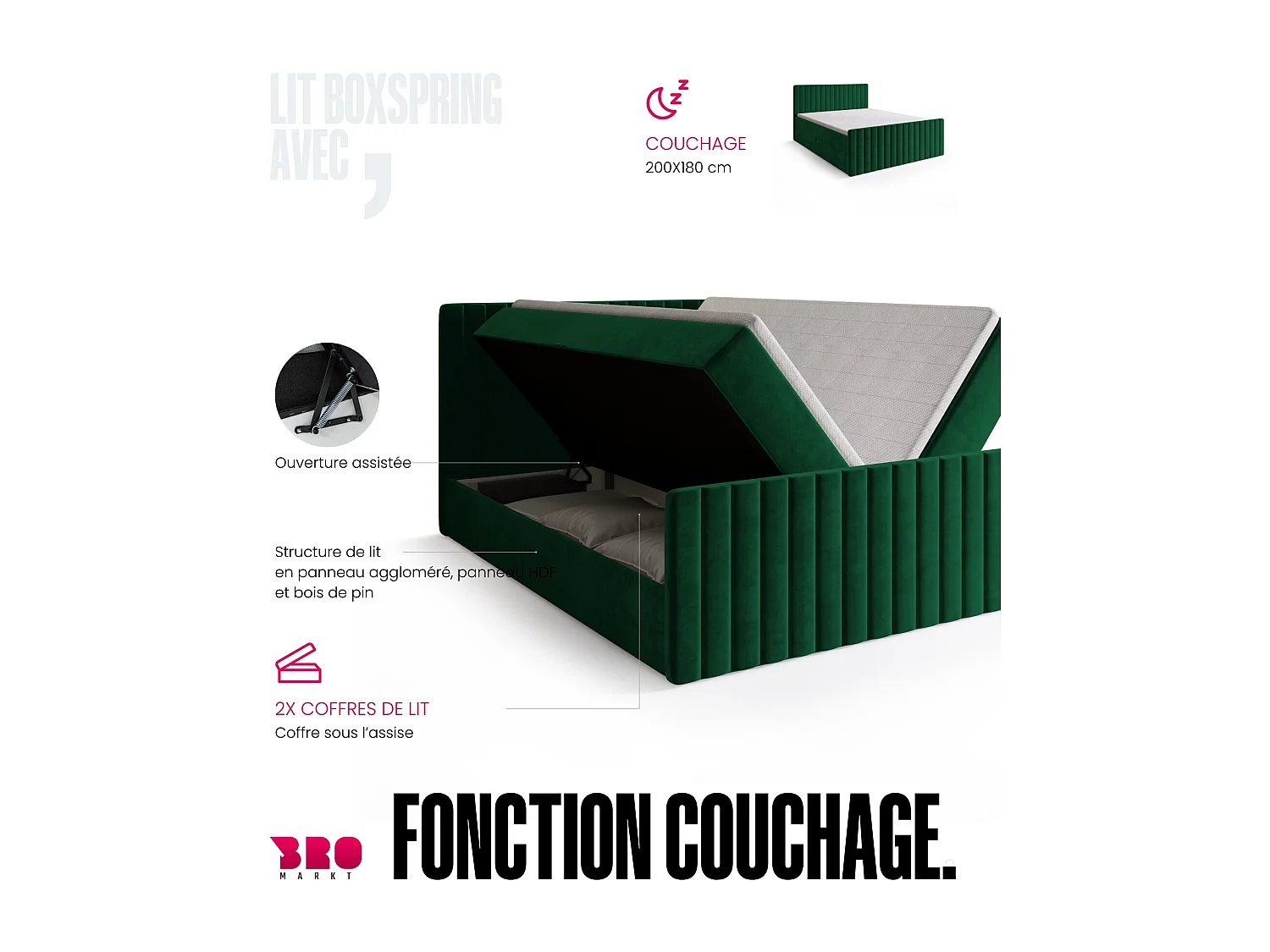 Lit boxspring avec rangement DREAM DUO - matelas - surmatelas - vert foncé - 180x200 cm