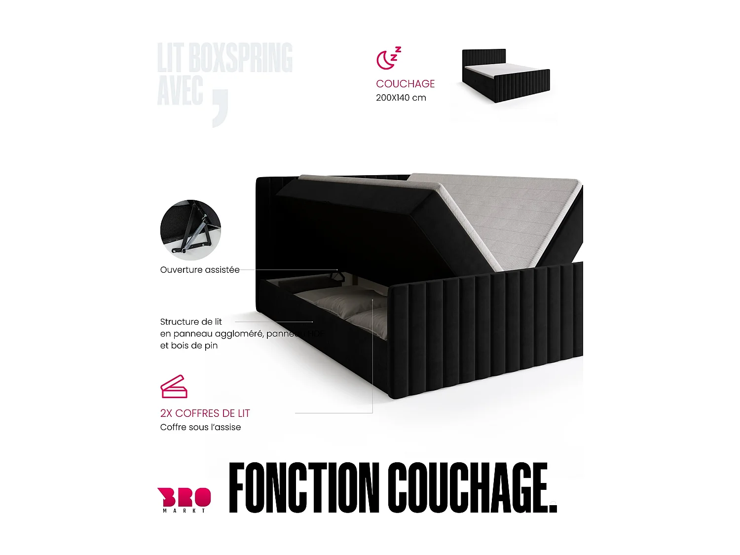 Lit boxspring avec rangement DREAM DUO - matelas - surmatelas - noir - 140x200 cm