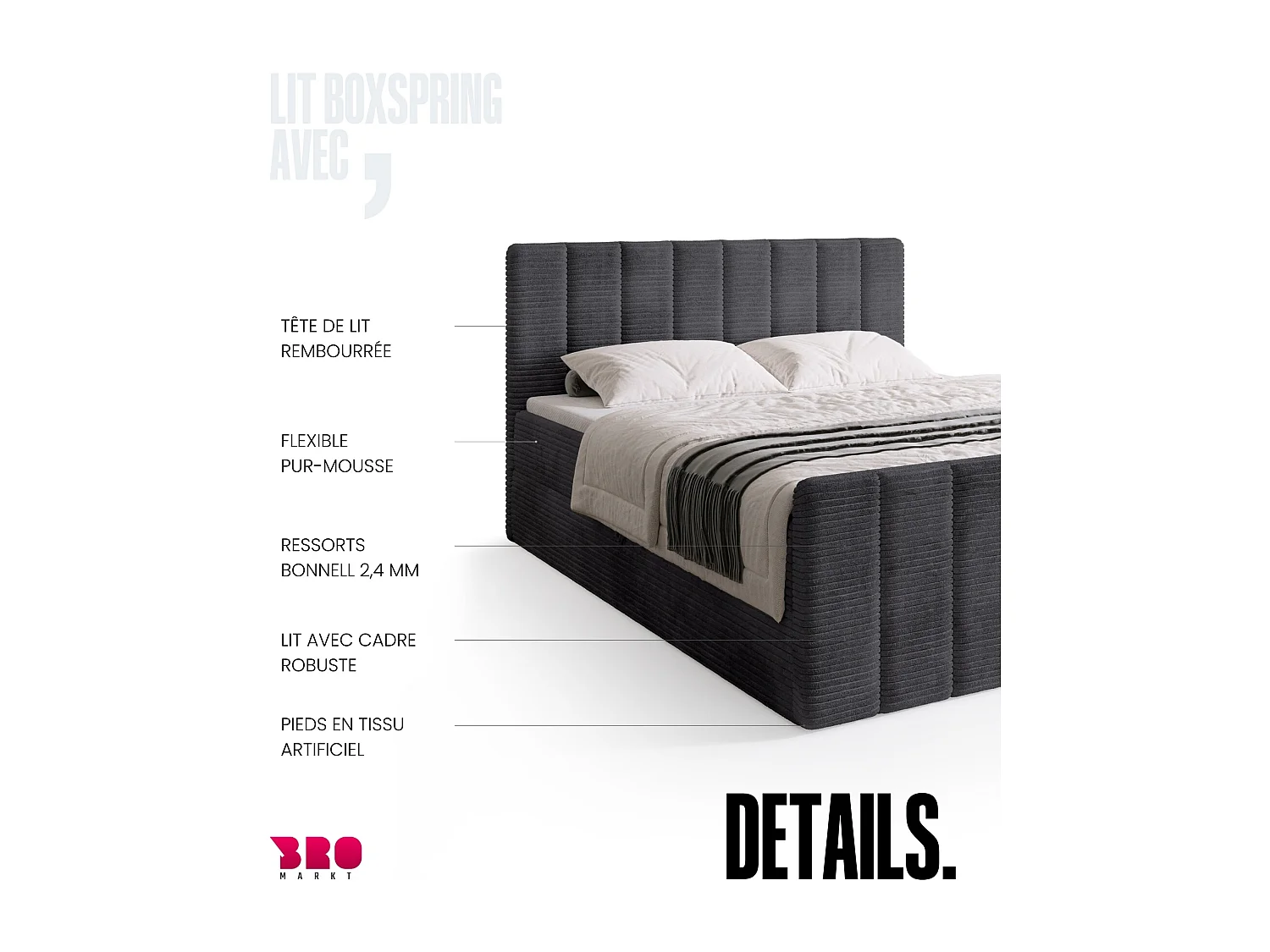 Lit boxspring avec rangement DENVER DUO - matelas - surmatelas - gris - 140x200 cm