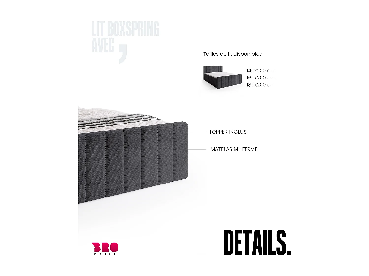 Lit boxspring avec rangement DENVER DUO - matelas - surmatelas - gris - 140x200 cm