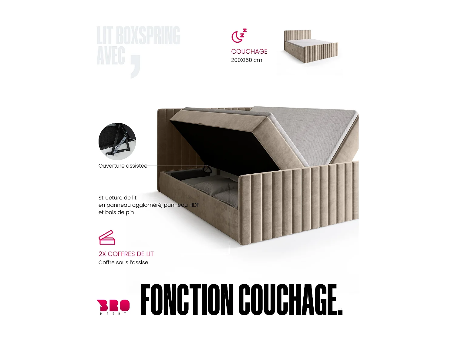 Lit boxspring avec rangement DREAM DUO - matelas - surmatelas - camel - 160x200 cm