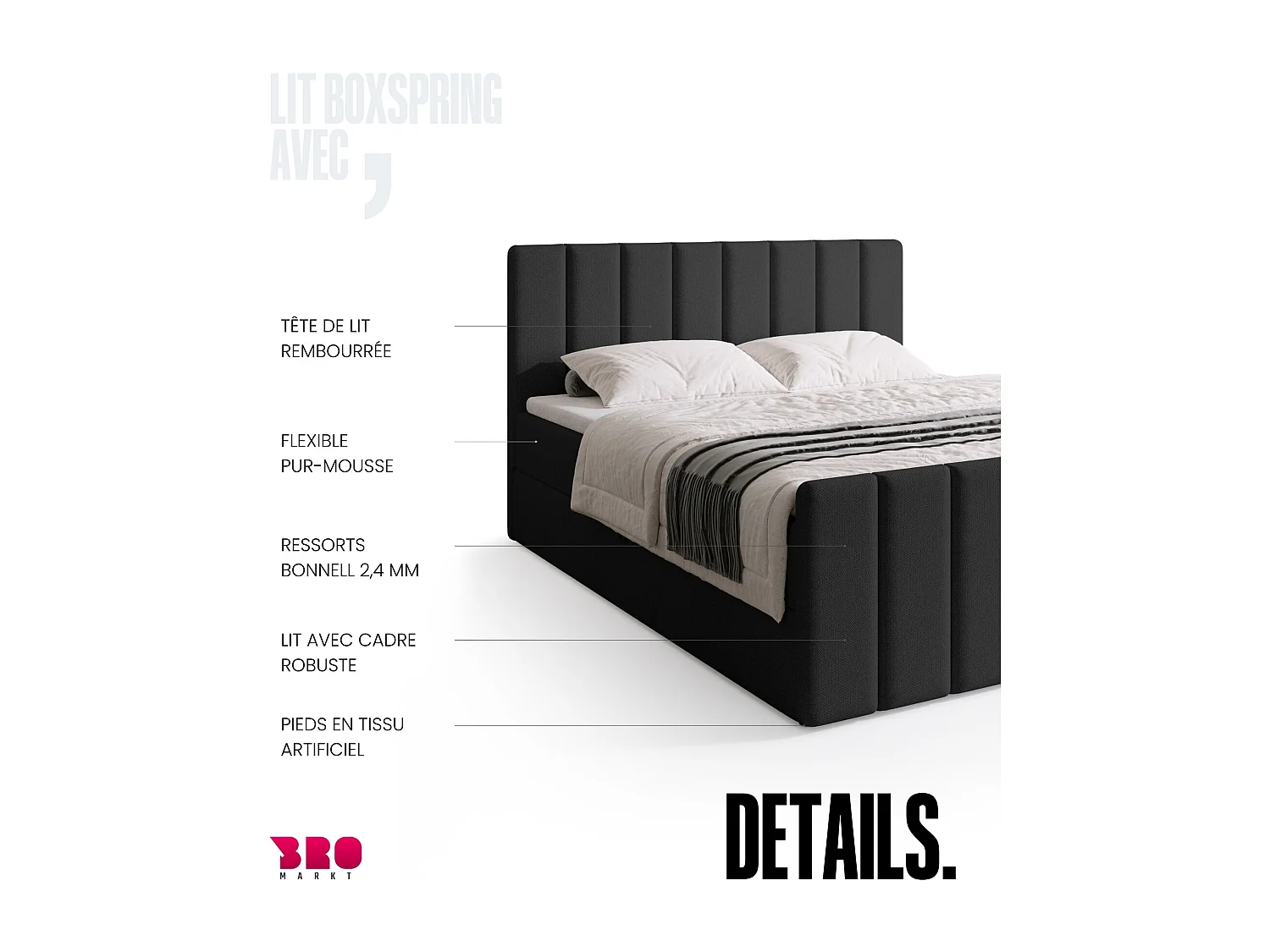 Lit boxspring avec rangement DENVER DUO - matelas - surmatelas - gris foncé - 160x200 cm