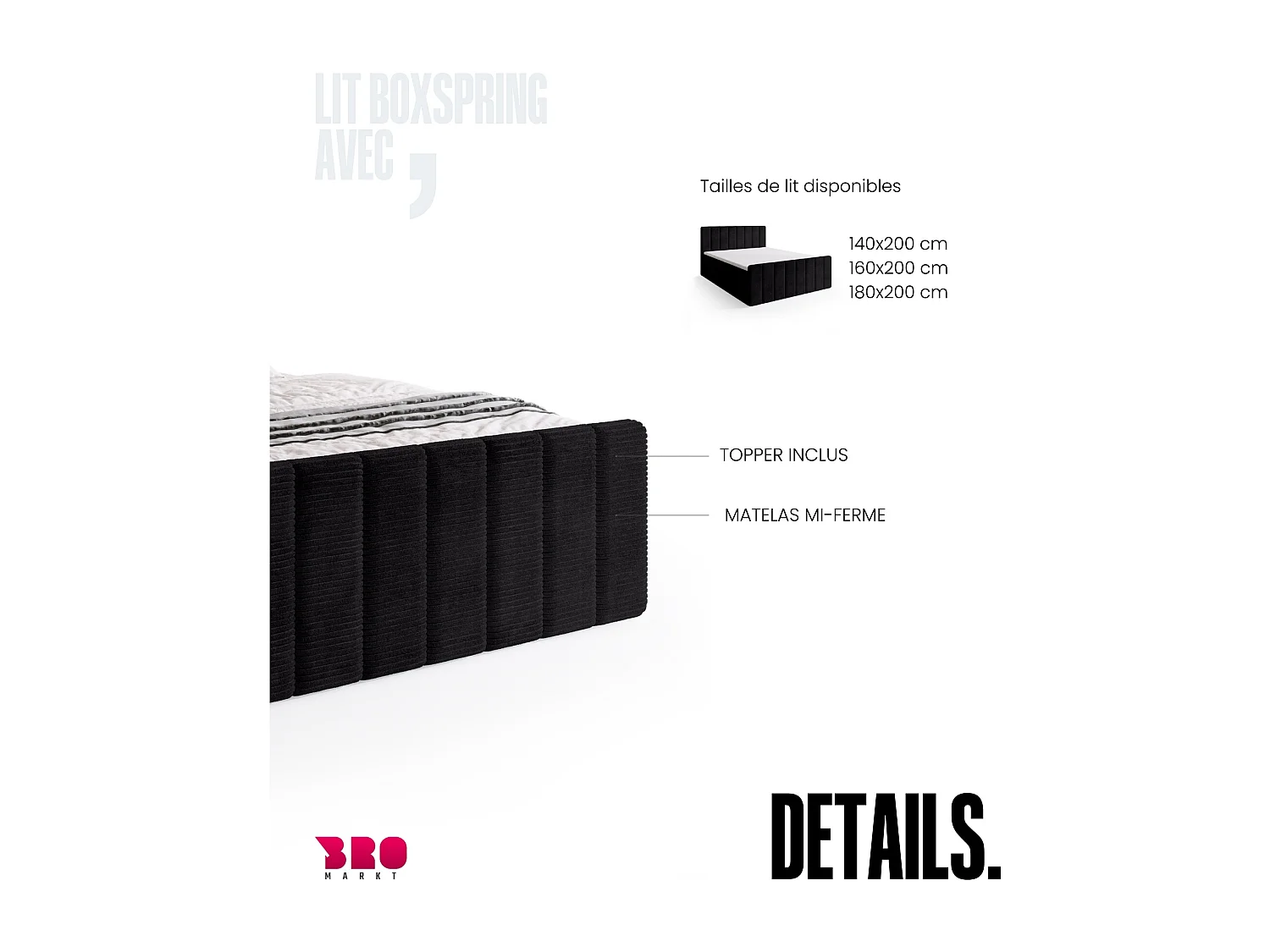 Lit boxspring avec rangement DENVER DUO - matelas - surmatelas - noir - 180x200 cm