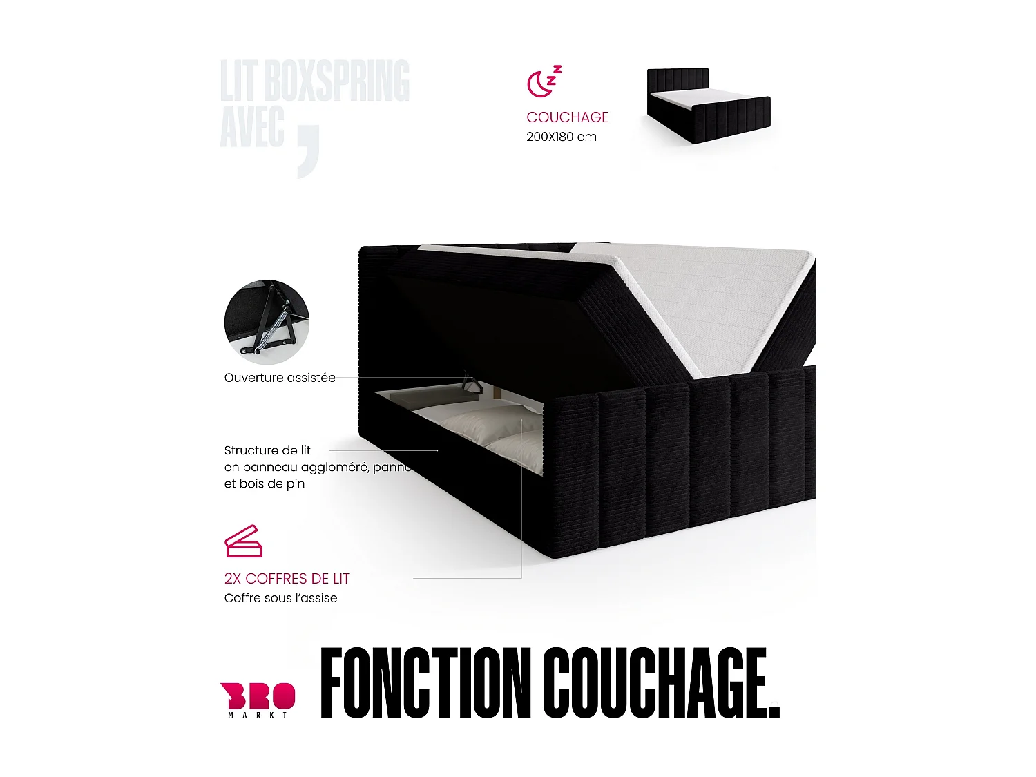 Lit boxspring avec rangement DENVER DUO - matelas - surmatelas - noir - 180x200 cm