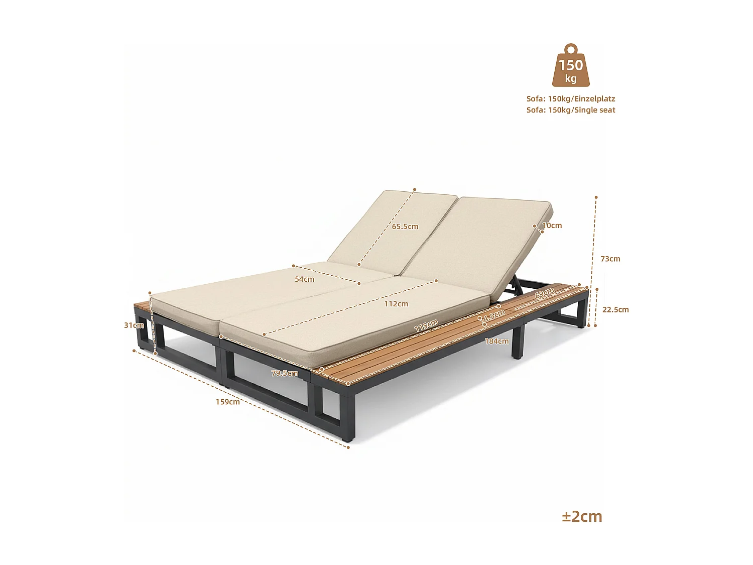 Bain de soleil d'extérieur 1 place - 184 x 79.5 x 73 cm - Lit de jour avec étagère à droit - dossier inclinable - métal + bois - beige